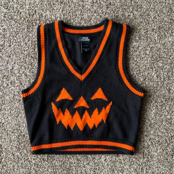 Hot Topic Sweaters - Black And Orange Cropped Pumpkin Sweater Vest